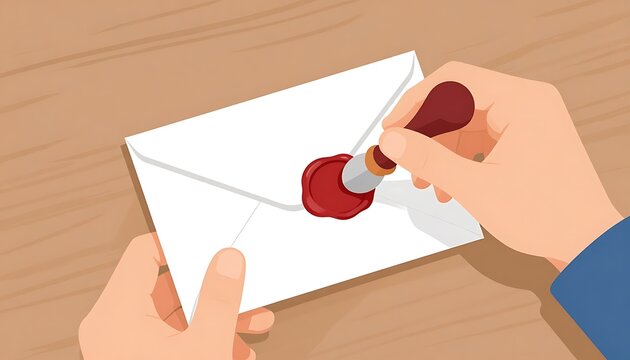 Person sealing envelope, careful, using wax stamp on a wooden table