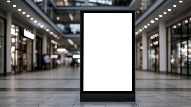 Blank vertical billboard in blurred shopping mall with bright lighting. Perfect for advertising mockup.