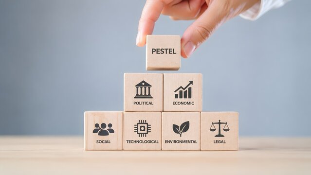 Building a PESTEL analysis business strategy. A hand placing a wooden block on top of a pyramid made of blocks featuring Political, Economic, Social, Technological, Environmental, and Legal icons.