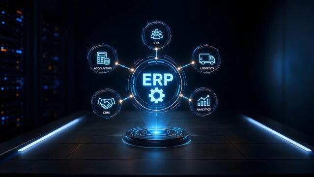Futuristic blue ERP enterprise resource planning hologram projecting from platform with business management icons in dark server room