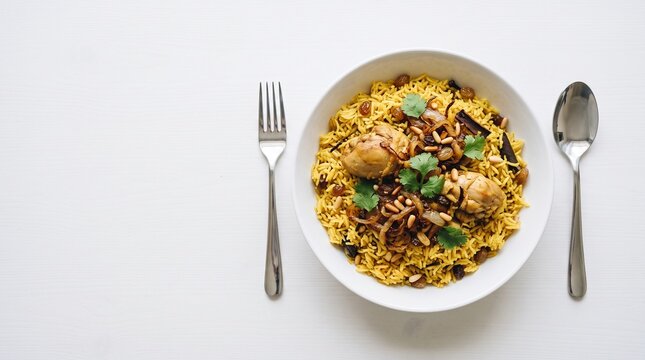Top View, Traditional UAE chicken majboos spiced rice dish top view isolated on white background with copy space