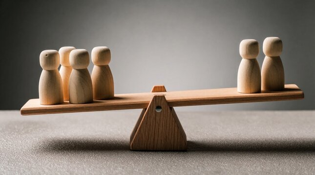 Wooden peg dolls stand on side of seesaw balance scale. Many figures outweigh two pieces on end. Concept represents inequality versus equality in corporate business competition salary difference.