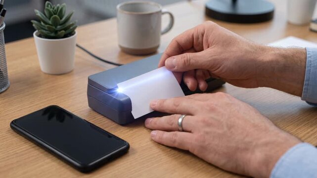 Business Card Scanner on Office Desk with Smartphone and Hands