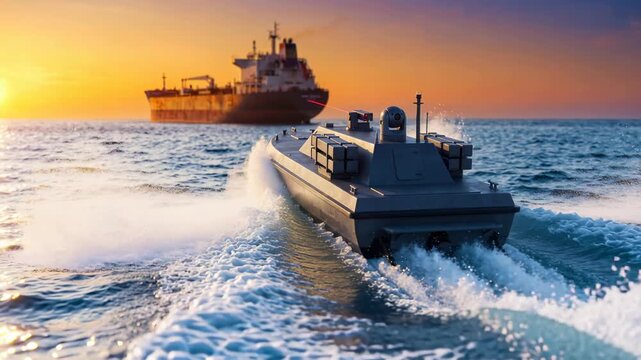 A small military drone water-type unmanned vehicle moves fast across the water with waves trailing behind. A big oil tanker ship sits in the background