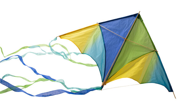 Isolated colorful gradient kite with flowing ribbons for outdoor fun and summer activities