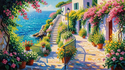 Obraz premium Mediterranean village path with blooming flowers leads down stairs to sparkling blue sea. White house facade with green shutters, potted plants line walkway in sunny coastal town.