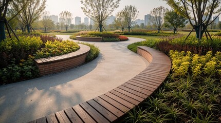 Obraz premium Modern public park with curved concrete pathway, wooden benches. Green plants landscape architecture design features trees shrubs plants in city garden area. Outdoor urban space for recreation