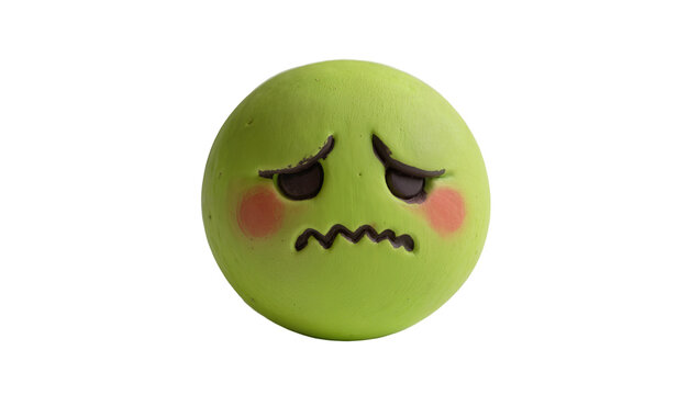 Isolated squishy green emoji toy with a sick or sad expression and rosy cheeks on face