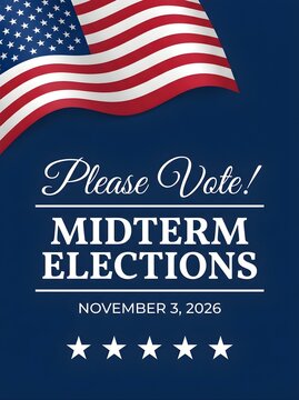 A graphic poster encouraging citizens to vote in the midterm elections on November 3, 2026, featuring the American flag.