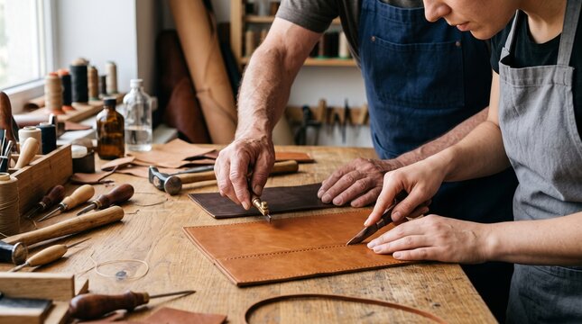 An older craftsperson gently guides an adult apprentice while they shape vegetable-tanned leather at a wooden workbench. The close hand-focused scene represents mentorship, skill transfer and intergen
