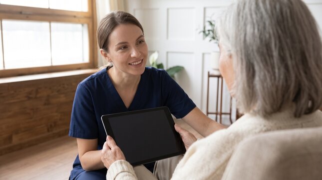 A home care worker patiently helps an older adult use a simple tablet in a bright living room. The natural interaction represents digital inclusion, support and independent aging.