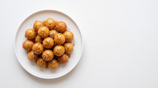 Authentic Uni Emirated Arab Middle Eastern luqaimat dessert in a plate with copy space overhead view