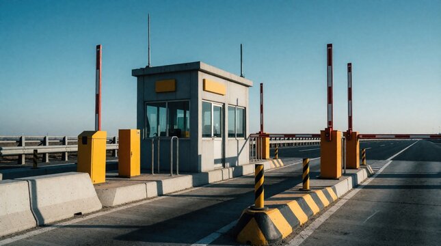 Highway toll booth structure stands under clear blue sky. Automated barriers and payment station ready for vehicles. Roadside infrastructure controls traffic flow.
