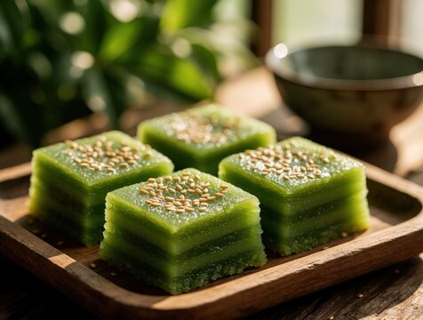 Kue Talam Pandan square cakes on wooden tray. Traditional Indonesian steamed layer dessert with green color, coconut milk texture topped with sesame seeds. Soft moist sweet treat served for breakfast