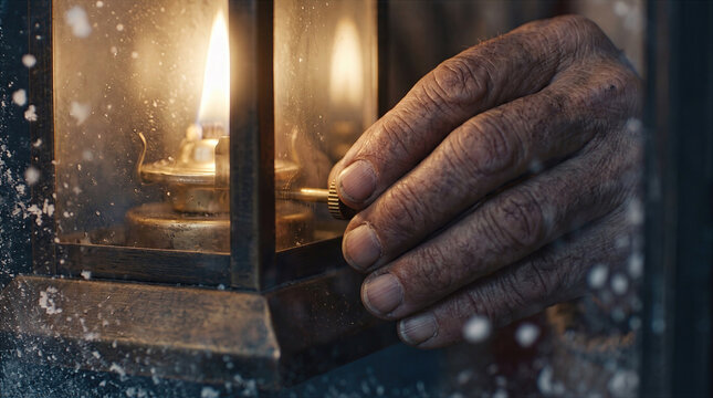 Close-up of an elderly person's wrinkled hand adjusting a vintage oil lantern on a snowy winter night, creating a warm and nostalgic atmosphere