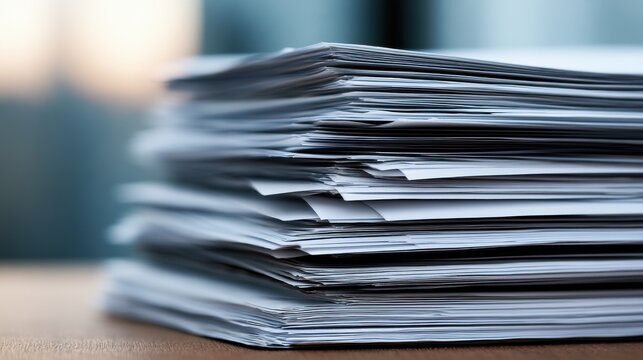 A large stack of white office paper sheets sits on a desk. This imagery represents corporate documentation and.