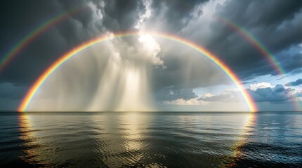 Obraz premium Double rainbow arcs over calm ocean water during rainstorm. Bright sunlight rays burst through dark storm clouds above sea horizon. Natural weather phenomenon features vibrant color spectrum across