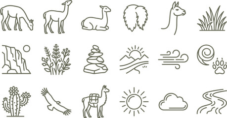Vicuna and Andean animal icons. Line art set of wildlife, nature, and mountain landscape symbols. © Septarim