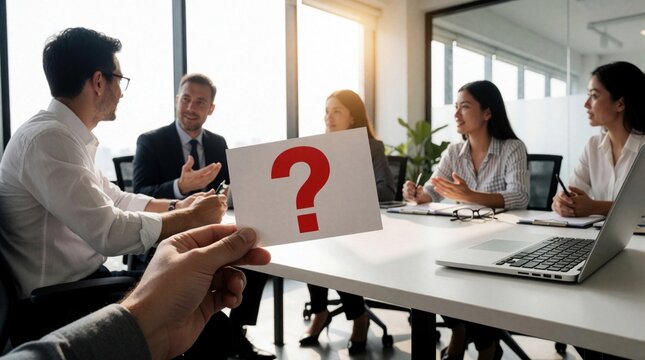 Business team sits at table in bright office conference room. People discuss corporate project, strategy. Hand holds paper card with red question mark sign during meeting. Coworkers brainstorm new