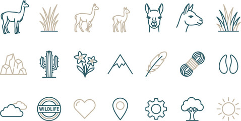 Vicuna animal icon set. Andean wildlife and nature vector symbols for travel design. © Septarim