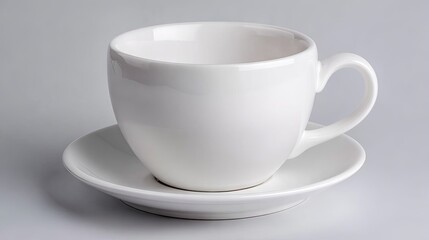 Fototapeta premium White porcelain tea cup on saucer angled view.