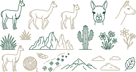 Obraz premium Vicuna and alpaca icon set. Andean animal collection with mountain landscape and nature elements.