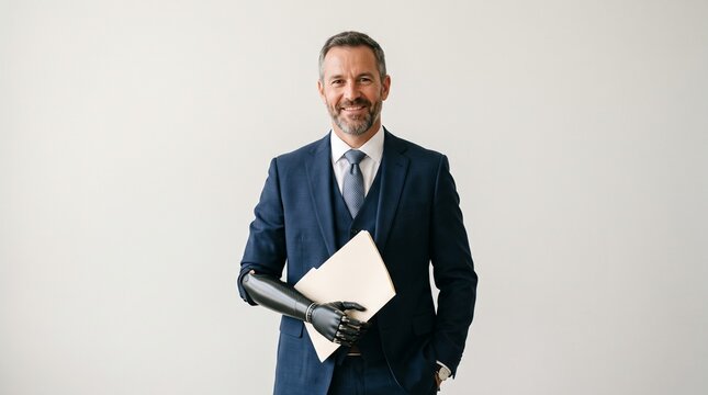 Smiling businessman with prosthetic arm holding a folder against a white background