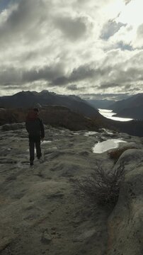 Hiker at La Mirada del Doctor viewpoint in Nahuel Huapi National Park, Argentina