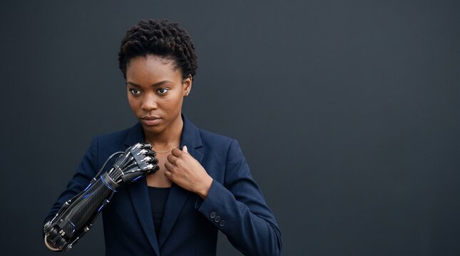 Woman with advanced prosthetic arm in business attire