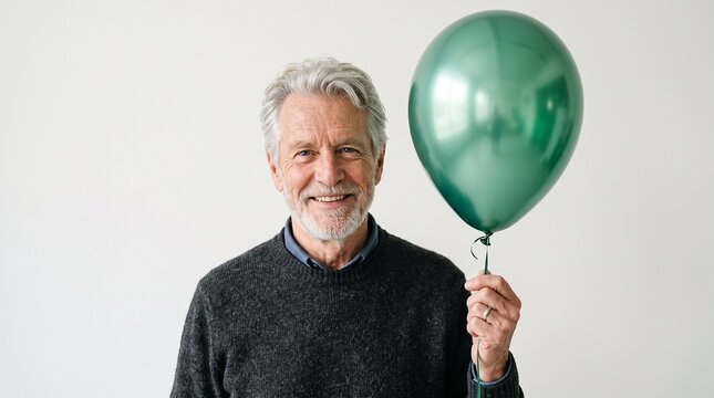 Smiling senior man holding a green balloon against a white background