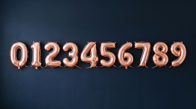 Rose Gold Number Balloons 0 to 9 Lined Up Against Dark Blue Wall