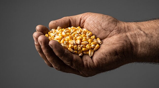 Farmer holding a handful of ripe corn kernels in cupped hands