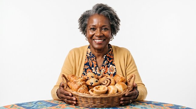 Smiling African American woman holding a basket of assorted baked goods and pastries