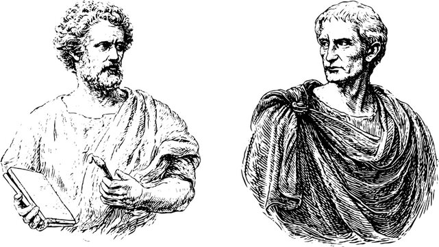 Set of engraved roman senators holding wax tablets and styluses for historical textbook background and educational design