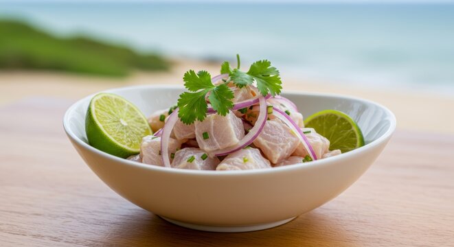 Ceviche in a bowl on a wooden table near the ocean beach. Traditional Peruvian seafood dish with raw fish marinated in lime juice. Fresh culinary meal for summer restaurant menu.