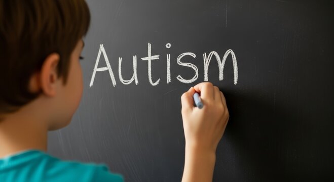 Child writing autism with chalk on blackboard. Concept of understanding autism spectrum disorder and neurodiversity awareness in education, medical support and social inclusion.