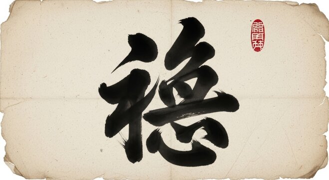 Chinese calligraphy ink brush painting of the character steady on aged paper. Traditional oriental art symbol for stability, balance and peace. Cultural heritage and historic design.