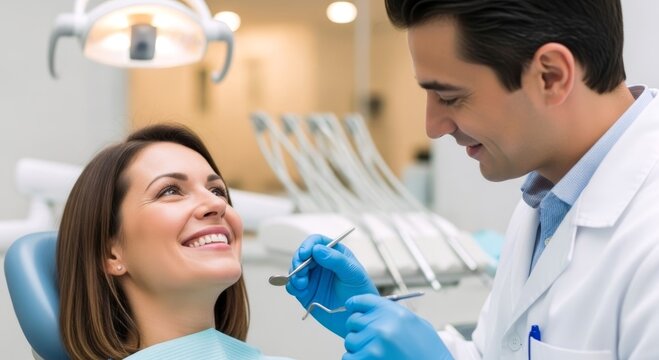 Dentist man checking smiling woman teeth in clinic. Professional stomatologist providing oral hygiene care and dental treatment. Health checkup procedure in modern office background.