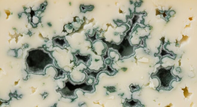 Extreme close up of blue cheese texture. Macro view of creamy dairy product with mold veins. Gourmet appetizer and culinary ingredient for food photography, restaurant menu, diet concept.