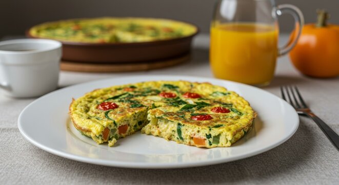Frittata with vegetable on plate for breakfast. Healthy egg meal with spinach, tomato and carrot. Homemade rustic dish, cooking concept, vegetarian food, dining table setting.