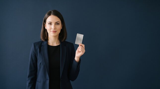Professional woman in suit holding a blank card against a dark blue background