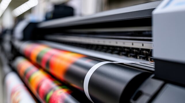 Industrial wide format printer printing colorful banner. Professional printing service for marketing and advertising.