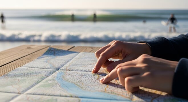 Woman looking at paper map on wooden table by beach. Traveler planning journey route near ocean. Tourism and navigation concept for summer vacation adventure. Vacation travel planning.