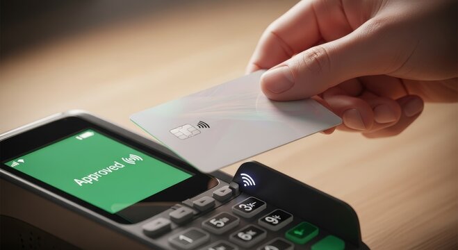 Woman paying with contactless credit card on point of sale terminal. Processing successful purchase transaction with approved message on screen. Secure digital finance and banking concept.