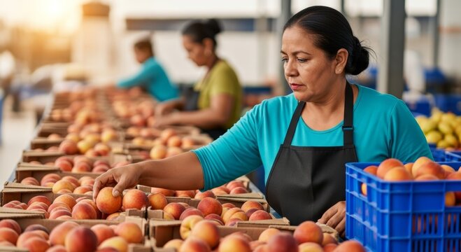 Woman sorting fresh peaches in agricultural warehouse. Latina worker packing organic fruit into crate for distribution and export. Industrial farming, healthy food production and harvest.