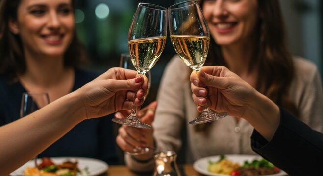 Women toasting with champagne glasses at dinner. Friends celebrating with sparkling wine in restaurant. Happy gathering event and social interaction concept for celebration or party.