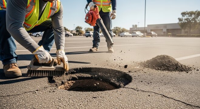 Worker cleaning pothole in asphalt road pavement using brush and leaf blower. Road maintenance crew repairing street surface. Infrastructure construction and urban improvement project.