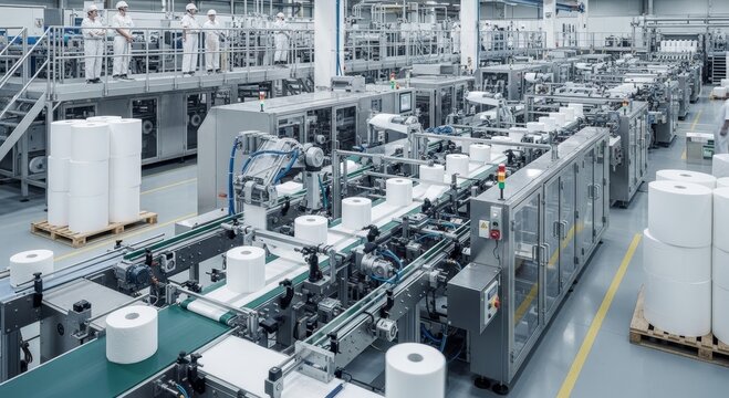Workers managing automated production line for toilet paper manufacturing in facility. Industrial factory with conveyor belt and equipment for processing paper rolls. Modern technology.