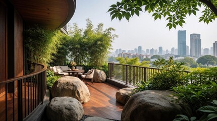 Obraz premium Modern apartment balcony features wood deck floor, bamboo garden. Big decorative rocks sit near outdoor furniture set on terrace. Relaxing residential space offers beautiful city skyline view with