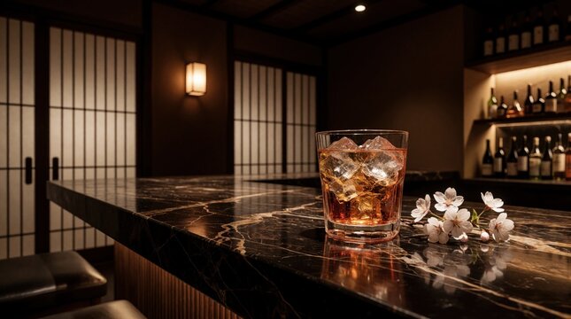 Glass of amber liquor with ice sits on dark marble bar. Cherry blossoms adorn counter in traditional Japanese izakaya setting. Bottles line shelves in background, warm light illuminates room.